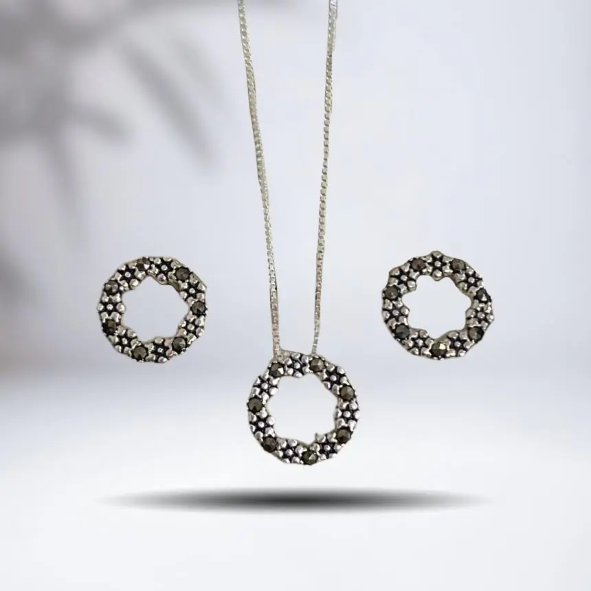 Conjunto brinco e colar flor marcassita mandala