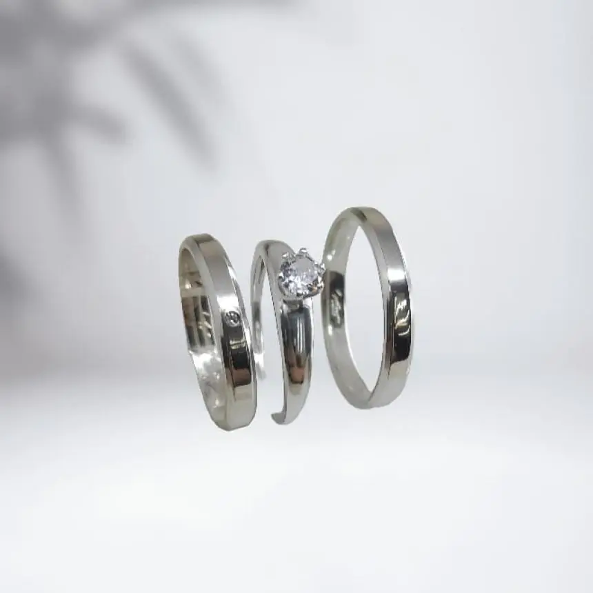 Conjunto alianças e solitario com zirconia central