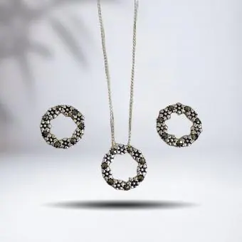 Conjunto brinco e colar flor marcassita mandala - Código 1014