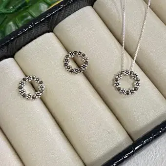 Conjunto brinco e colar flor marcassita mandala