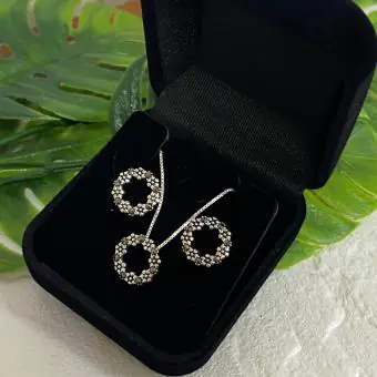 Conjunto brinco e colar flor marcassita mandala