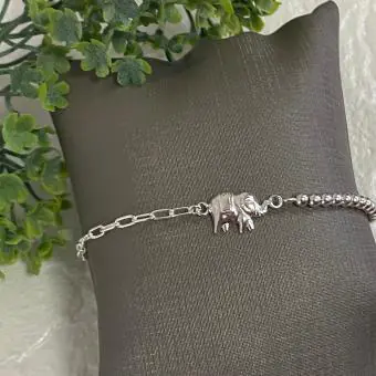 Pulseira bola prata e elos elefante central