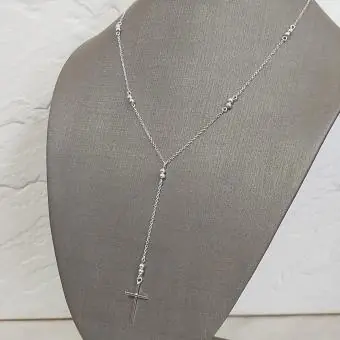 Colar Terço com Bolinhas Prata Cruz  Cheia