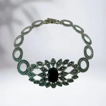 Pulseira Marcassita e pedra Onix - Código 1499