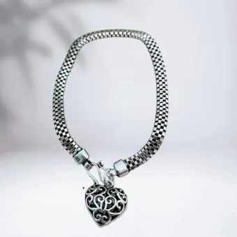 Pulseira Pipoca Achatada com Pingente Coração Prata Bali - Código 1510
