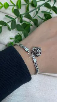 Pulseira Pipoca Achatada com Pingente Coração Prata Bali