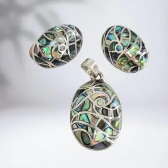 Brinco e Pingente pedra Abalone - Código 1539
