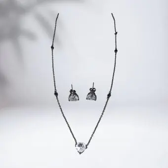 Conjunto colar coração e brinco coração Ródio Negro - Código 1903