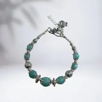 Pulseira bolas amazonita com tres pingentes - Código 2049